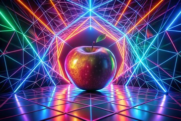 Poster - Glowing Geometric Apple: 4K HD Panoramic Neon Wallpaper