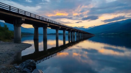 Poster - Serene sunset view of a rustic wooden bridge reflecting on calm water with vibrant clouds : Generative AI