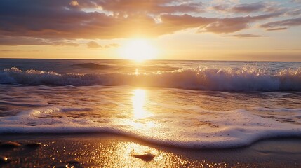 Aufkleber - Breathtaking sunset over the ocean with gentle waves rolling onto the sandy beach creating a tranquil atmosphere : Generative AI
