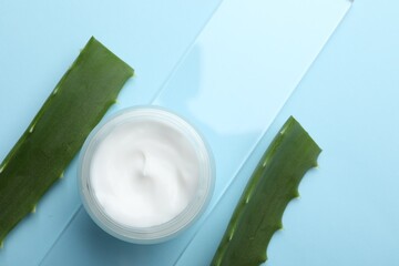 Wall Mural - cream and aloe leaves on light blue background, flat lay. space for text