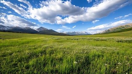 Poster - Expansive Green Meadow Surrounded by Majestic Mountains Under a Beautifully Cloudy Sky : Generative AI