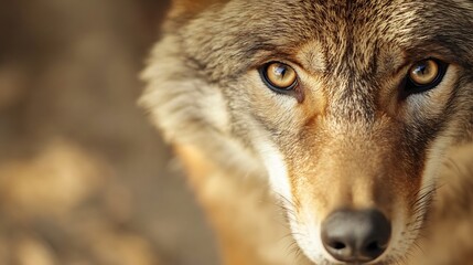 Poster - Intense closeup of a wild coyote showcasing its striking gaze and details of its fur texture : Generative AI