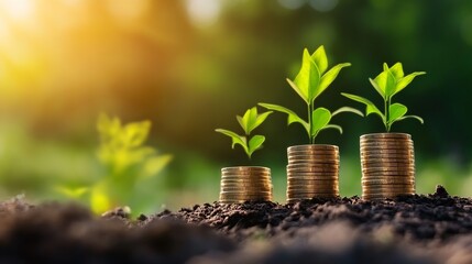 Aufkleber - Growing saplings in a pile of coins representing the concept of financial growth and sustainability : Generative AI