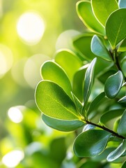Poster - Close up of vibrant green leaves with soft sunlight in the background creating a beautiful bokeh effect : Generative AI