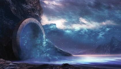 Wall Mural - fantasy landscape, round stone portal in the mountain, neon glow, sunset, fog, reflection in the wat