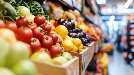 Poster - Colorful display of fresh fruits and vegetables arranged neatly on shelves in a vibrant grocery store : Generative AI