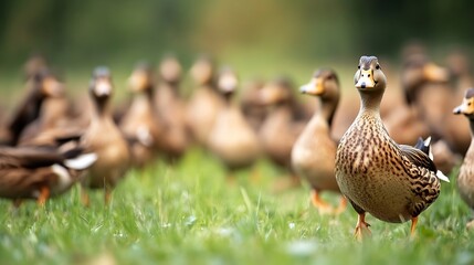 Poster - Curious ducks in a lush green field creating a playful atmosphere amidst natural beauty : Generative AI