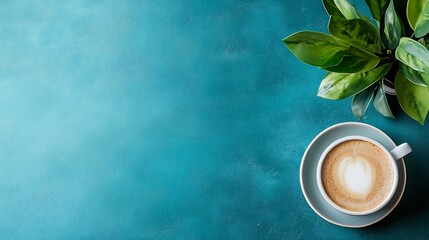 Aufkleber - Topdown view of a latte art coffee cup beside a green plant on a textured teal surface : Generative AI