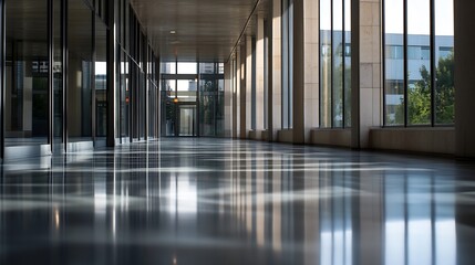 Poster - Modern spacious corridor with tall glass windows and polished floors illuminated by natural light and architecture : Generative AI