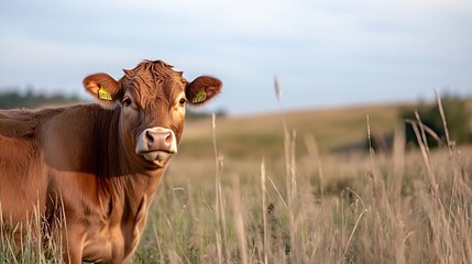 Poster - Brown cow standing in a lush green field with soft sunlight creating a calm rural scene : Generative AI