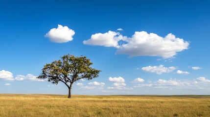 Aufkleber - Lonely tree standing tall on a golden field under a blue sky with fluffy clouds creating a serene landscape : Generative AI