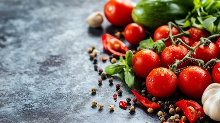 Poster - Vibrant Arrangement of Fresh Vegetables Including Tomatoes Peppers and Aromatic Herbs on a Rustic Surface : Generative AI