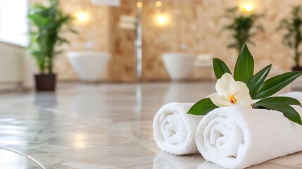 Poster - Luxurious spa ambiance with rolled towels and exotic flower for ultimate relaxation and pampering experience : Generative AI