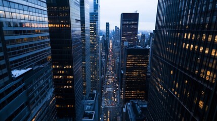 Poster - Stunning urban skyline view showcasing towering buildings and a vibrant city atmosphere during twilight : Generative AI
