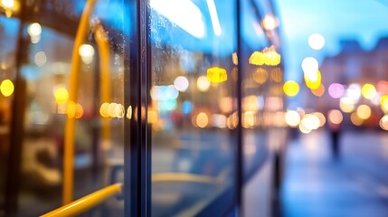 Fototapete - Vibrant urban scene captured through a bus window with colorful city lights reflecting off the glass at night : Generative AI