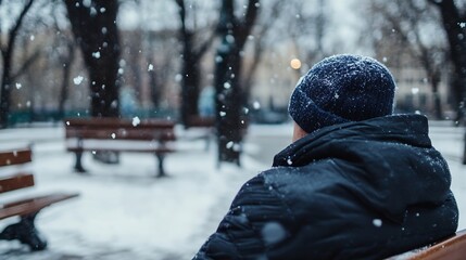 Aufkleber - Contemplative man sitting on a park bench surrounded by falling snow in winter atmosphere : Generative AI