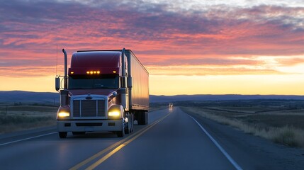 Aufkleber - Large red truck driving along an open highway against a dramatic sunset sky : Generative AI