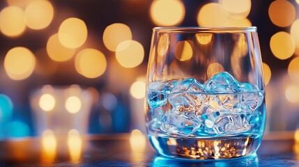 Fototapete - Stunning glass of ice water sparkling under soft bokeh lights for an eyecatching refreshment image : Generative AI