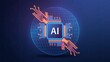 © Synaf official - Abstract digital blue globe and AI chip in the center. Technology innovation background. AI processor with circuit roads in light blue with bright neon effect. Futuristic polygonal vector illustration