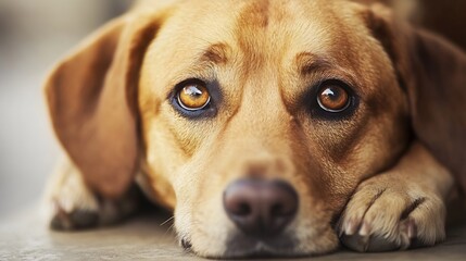Poster - Closeup of a sad dog staring with brown eyes showcasing emotion and connection to its owner : Generative AI