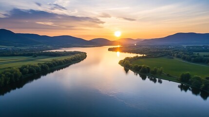Poster - Stunning Aerial View of Serene River with Vibrant Sunset Reflections : Generative AI