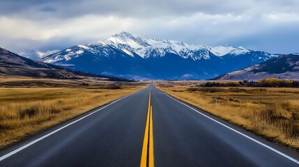 Poster - Stunning View of an Endless Straight Road Leading to Majestic SnowCapped Mountains Under a Dramatic Sky : Generative AI