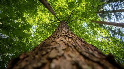 Poster - Majestic view looking up at a tall tree with lush green foliage filtering sunlight from above : Generative AI