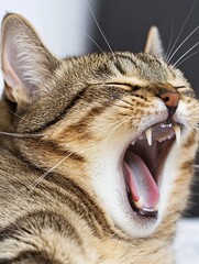 Poster - Adorable Cat Yawning Wide with Relaxed Expression in Home Setting Captured Close Up : Generative AI