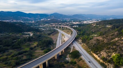 Aufkleber - Aerial view of winding highway amidst green hills and urban landscape under a cloudy sky : Generative AI