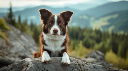 Poster - Brown and White Dog Relaxing in a Scenic Mountain Landscape Surrounded by Lush Green Hills : Generative AI