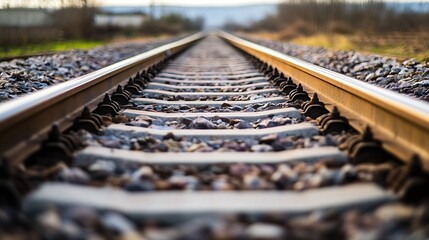 Poster - Closeup view of railway tracks stretching into the distance through a natural landscape under a clear sky : Generative AI