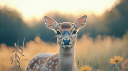Poster - Close up of a curious young deer standing among flowers in a tranquil meadow setting : Generative AI