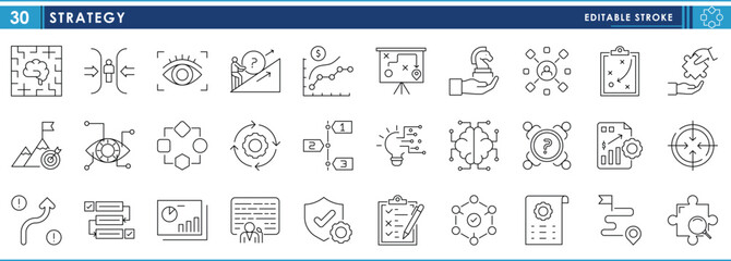 Poster - A set of line icons related to Strategy. Plan, way, puzzle, solution, search, teamwork, networking, steps, setup, presentation, and so on. Vector editable stroke.