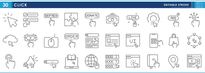 Fototapete - A set of line icons related to Click. Various clicks interface. Vector editable stroke.