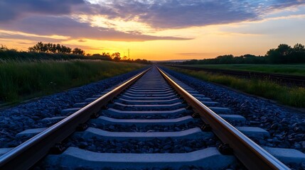 Poster - Scenic sunset views over railway tracks stretching into the horizon surrounded by lush green fields : Generative AI