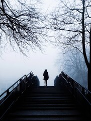Aufkleber - Mysterious silhouette of a figure standing on stairs in a foggy environment surrounded by barren trees : Generative AI