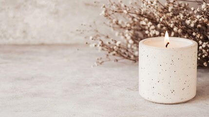 Poster - A calming candle lit on a neutral surface with delicate flowers adding a touch of elegance : Generative AI