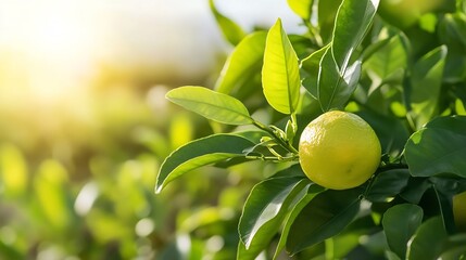 Poster - Fresh ripe lemon hanging from a vibrant green tree branch illuminated by warm sunlight in a lush garden : Generative AI