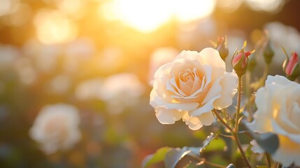 Aufkleber - Beautiful white rose blooming in sunlight illuminating a vibrant garden scene : Generative AI