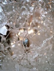 Poster - Close up view of shattered glass with sparkling reflections and intricate patterns creating a stunning visual effect : Generative AI