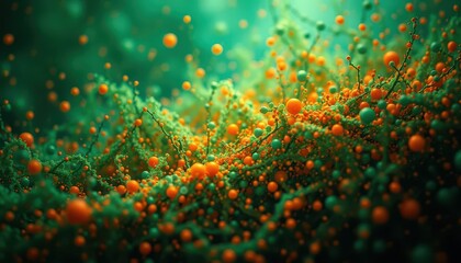 Fototapete - Vibrant Abstract Background with Green and Orange Particles Representing Energy and Movement in a Whimsical Form