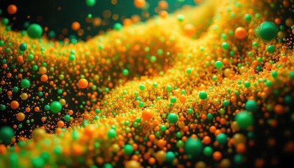 Fototapete - Colorful Abstract Background with Floating Spheres and Bubbles in Orange and Green Hues Creating a Dreamlike Atmosphere of Vibrancy and Energy