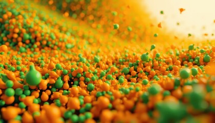 Fototapete - Vibrant Abstract Background of Floating Green and Orange Particles in Motion Creating a Sense of Depth and Texture for Creative Projects and Designs