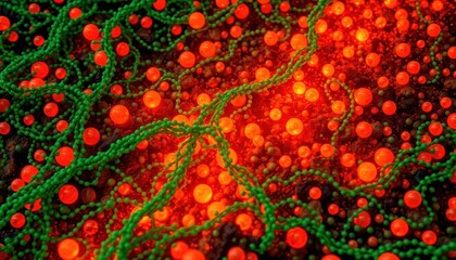 Fototapete - Abstract representation of microscopic cells with glowing red and green structures, showcasing intricate patterns and vibrant color contrasts in a scientific illustration