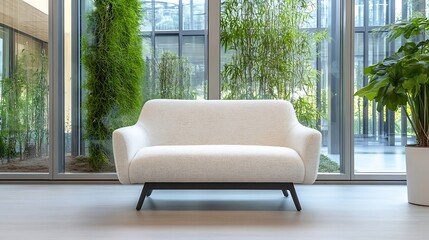 Poster - Modern Minimalist Sofa in a Bright Indoor Space Surrounded by Greenery : Generative AI