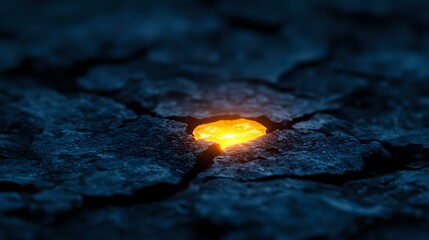 Poster - Glowing orange light emerges from dark cracked stone surface creating mysterious atmospheric scene with dramatic contrast between warm and cool tones.