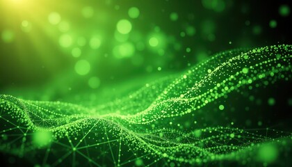 Fototapete - Abstract glowing green wave background with particles and light effects for technology, science, and digital designs, creating a sense of depth and movement