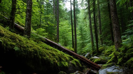 Poster - Lush green forest with moss covered rocks and tall trees creating a serene natural environment : Generative AI