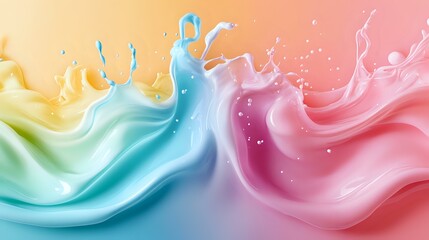 Poster - Colorful liquid waves in pastel rainbow colors with dynamic splashes and smooth flowing motion create abstract background with soft gradient transitions.