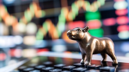 Aufkleber - Bronze figurine of a hippo on a calculator with stock market graphs in the background : Generative AI